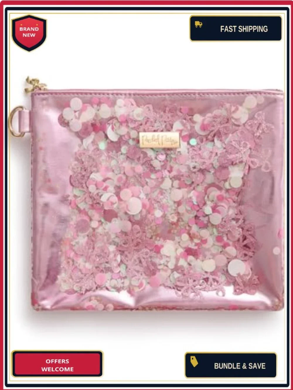 Pink Bow Confetti Metallic Leatherette Cosmetic Pouch Makeup Bag Organizer